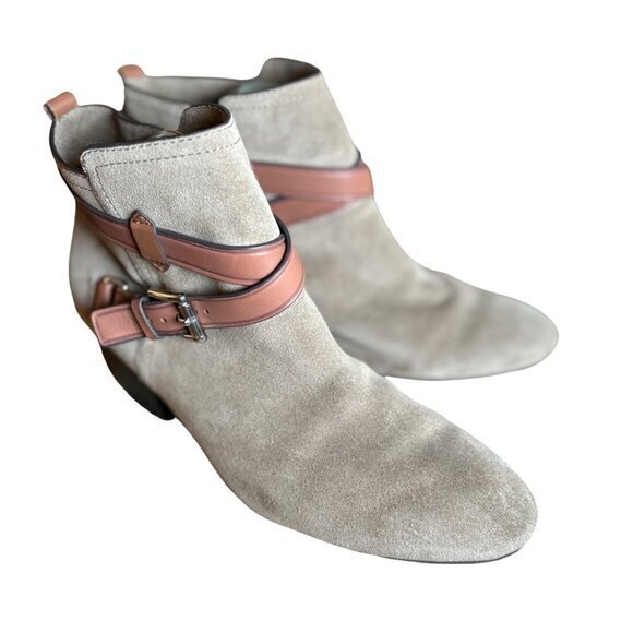COACH Womens Taupe Bootie Pauline Size‎ 9 M Leather Ankle Boots Suede Strappy - Picture 1 of 16